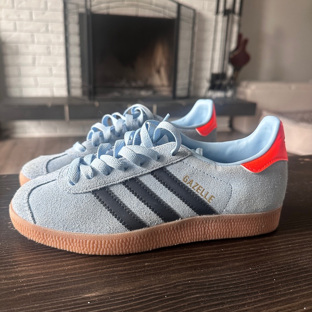 Adidas Kids Gazelle Suede Sneakers in Light Blue with Navy Stripes